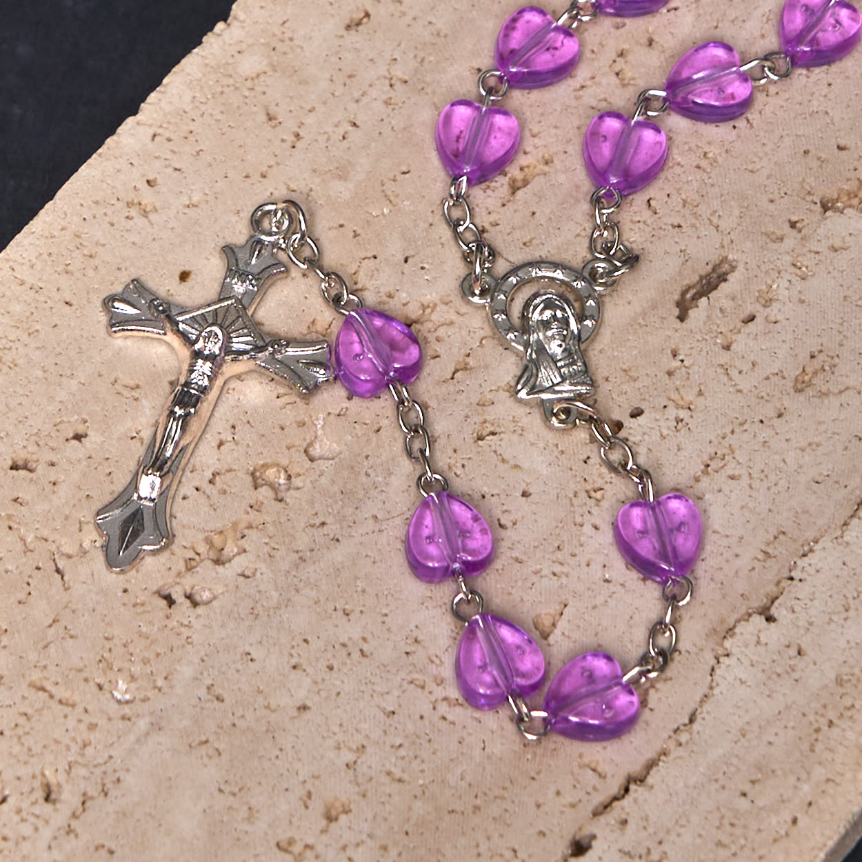 AMUSOUL Our Lady of the Rosary & Crucifix of 8 mm Heart Purple Acrylic Alloy Chain Rosary