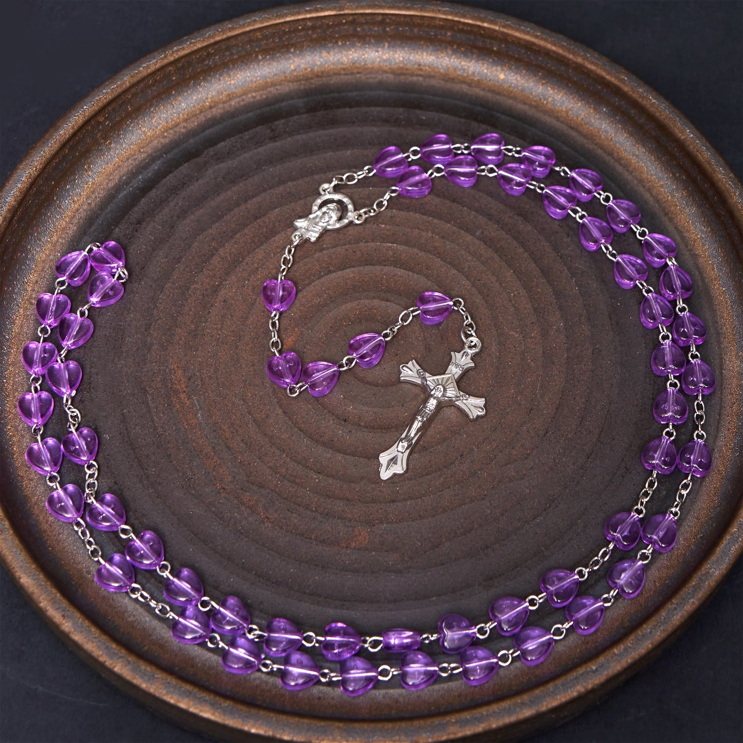 AMUSOUL Our Lady of the Rosary & Crucifix of 8 mm Heart Purple Acrylic Alloy Chain Rosary