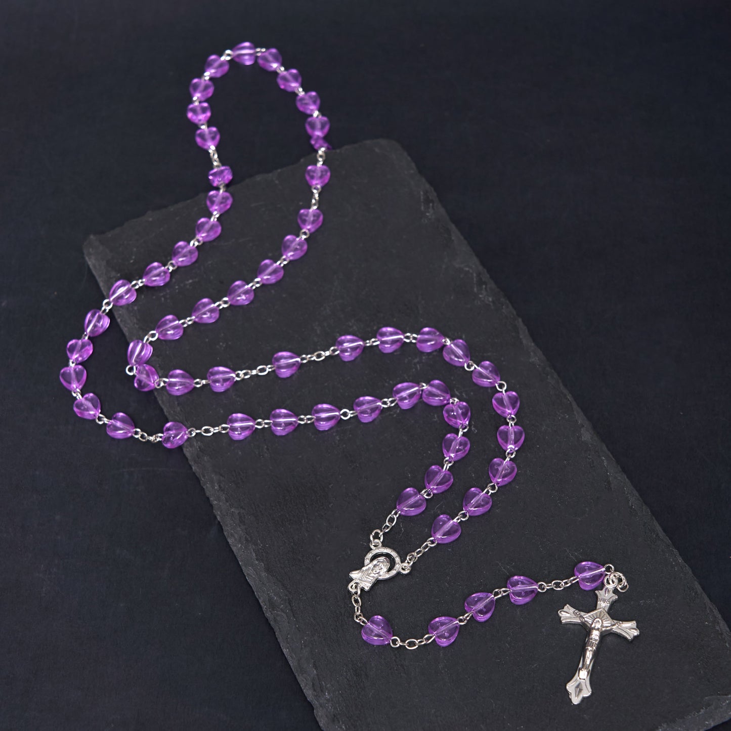 AMUSOUL Our Lady of the Rosary & Crucifix of 8 mm Heart Purple Acrylic Alloy Chain Rosary