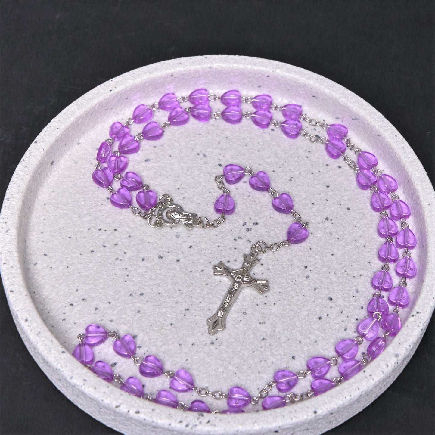 AMUSOUL Our Lady of the Rosary & Crucifix of 8 mm Heart Purple Acrylic Alloy Chain Rosary