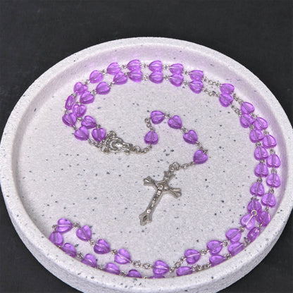AMUSOUL Our Lady of the Rosary & Crucifix of 8 mm Heart Purple Acrylic Alloy Chain Rosary