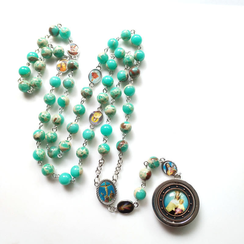 AMUSOUL Crucifix & Madonna and Child of 8 mm Round Green Snakeskin Stone Alloy Chain Rosary