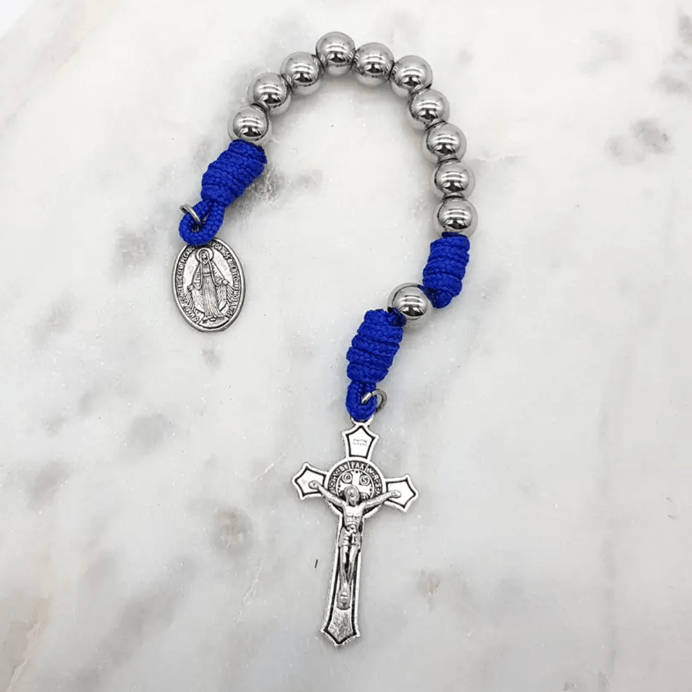 AMUSOUL Miraculous Medal & Crucifix of 8 mm Round Silver Stainless Steel Blue Paracord Pocket Rosary