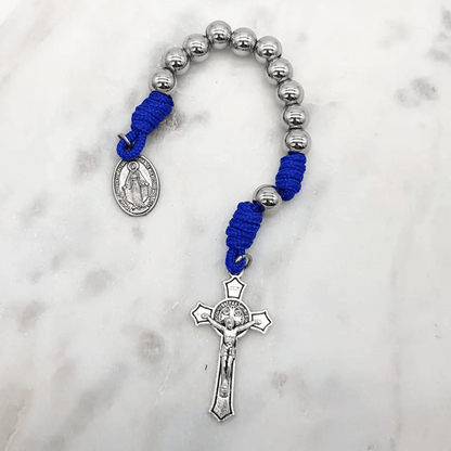 AMUSOUL Miraculous Medal & Crucifix of 8 mm Round Silver Stainless Steel Blue Paracord Pocket Rosary