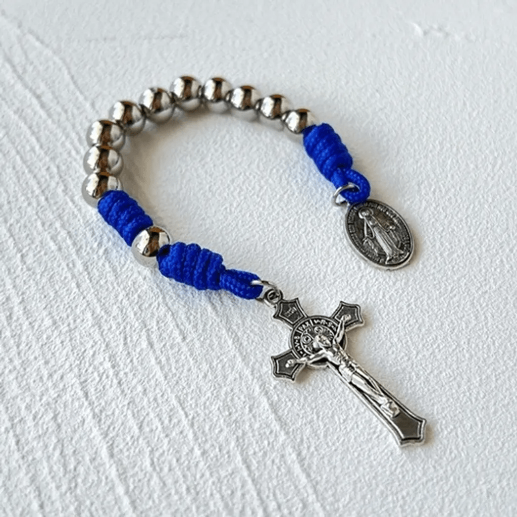AMUSOUL Miraculous Medal & Crucifix of 8 mm Round Silver Stainless Steel Blue Paracord Pocket Rosary