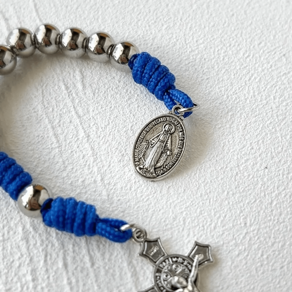 AMUSOUL Miraculous Medal & Crucifix of 8 mm Round Silver Stainless Steel Blue Paracord Pocket Rosary