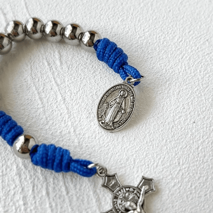 AMUSOUL Miraculous Medal & Crucifix of 8 mm Round Silver Stainless Steel Blue Paracord Pocket Rosary