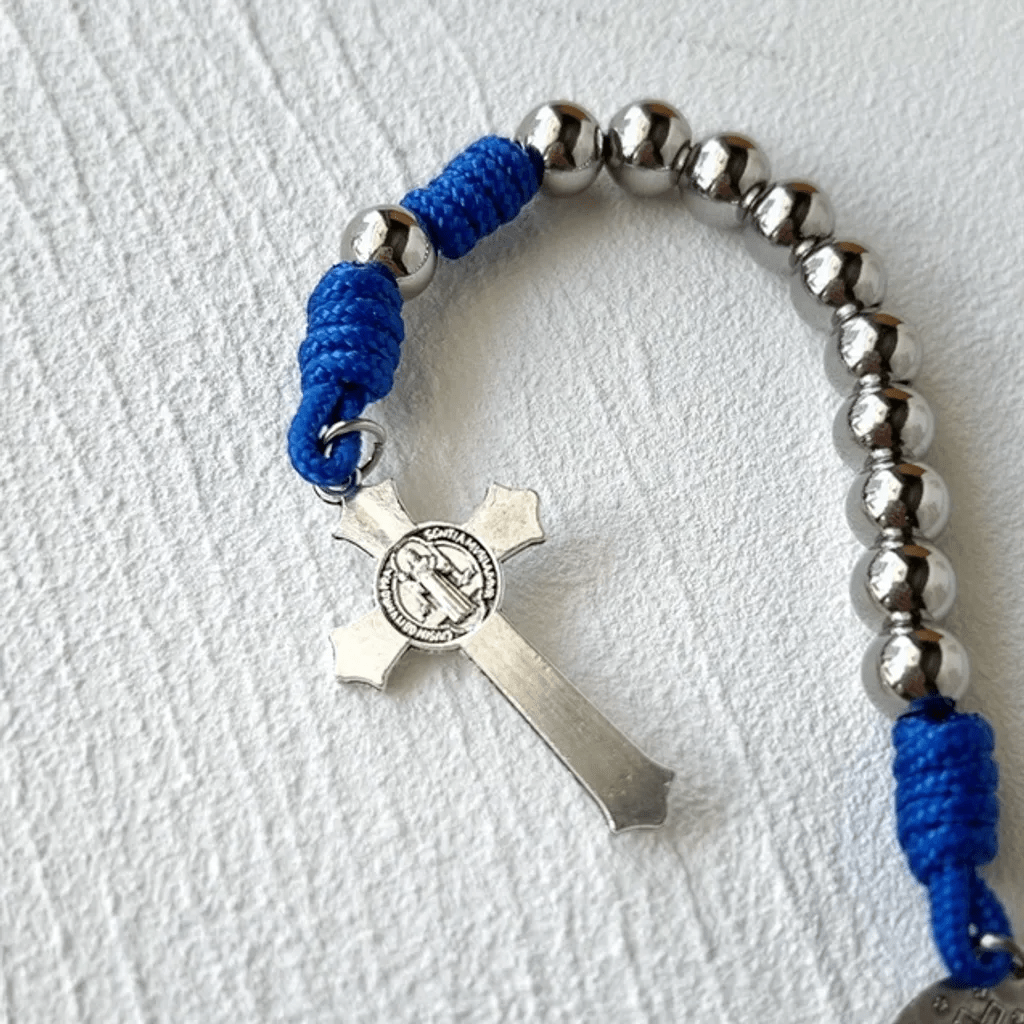 AMUSOUL Miraculous Medal & Crucifix of 8 mm Round Silver Stainless Steel Blue Paracord Pocket Rosary