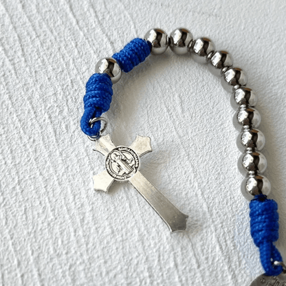 AMUSOUL Miraculous Medal & Crucifix of 8 mm Round Silver Stainless Steel Blue Paracord Pocket Rosary