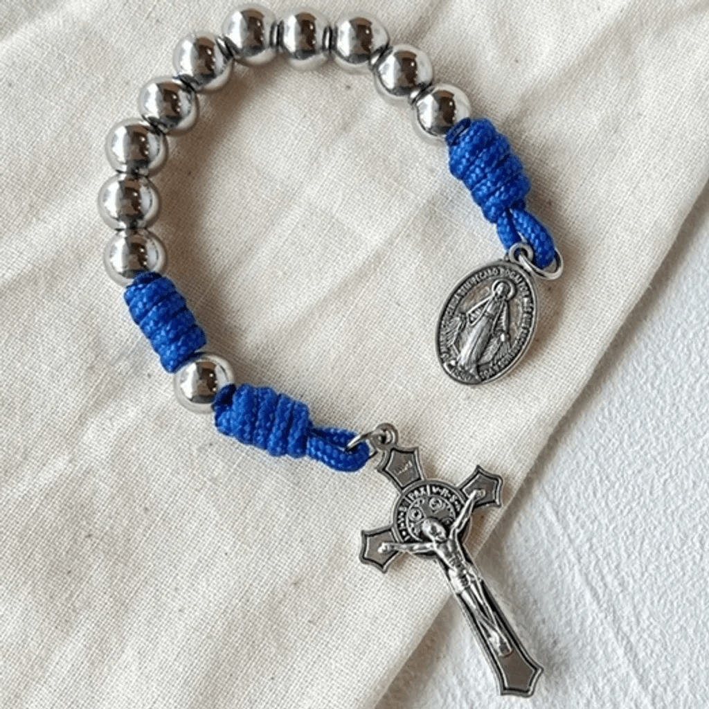 AMUSOUL Miraculous Medal & Crucifix of 8 mm Round Silver Stainless Steel Blue Paracord Pocket Rosary