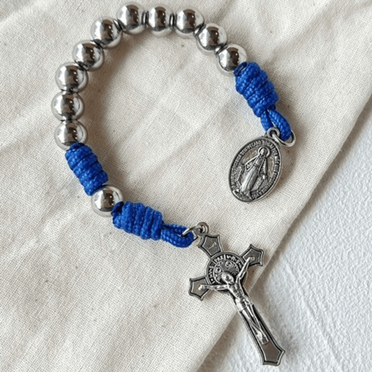 AMUSOUL Miraculous Medal & Crucifix of 8 mm Round Silver Stainless Steel Blue Paracord Pocket Rosary