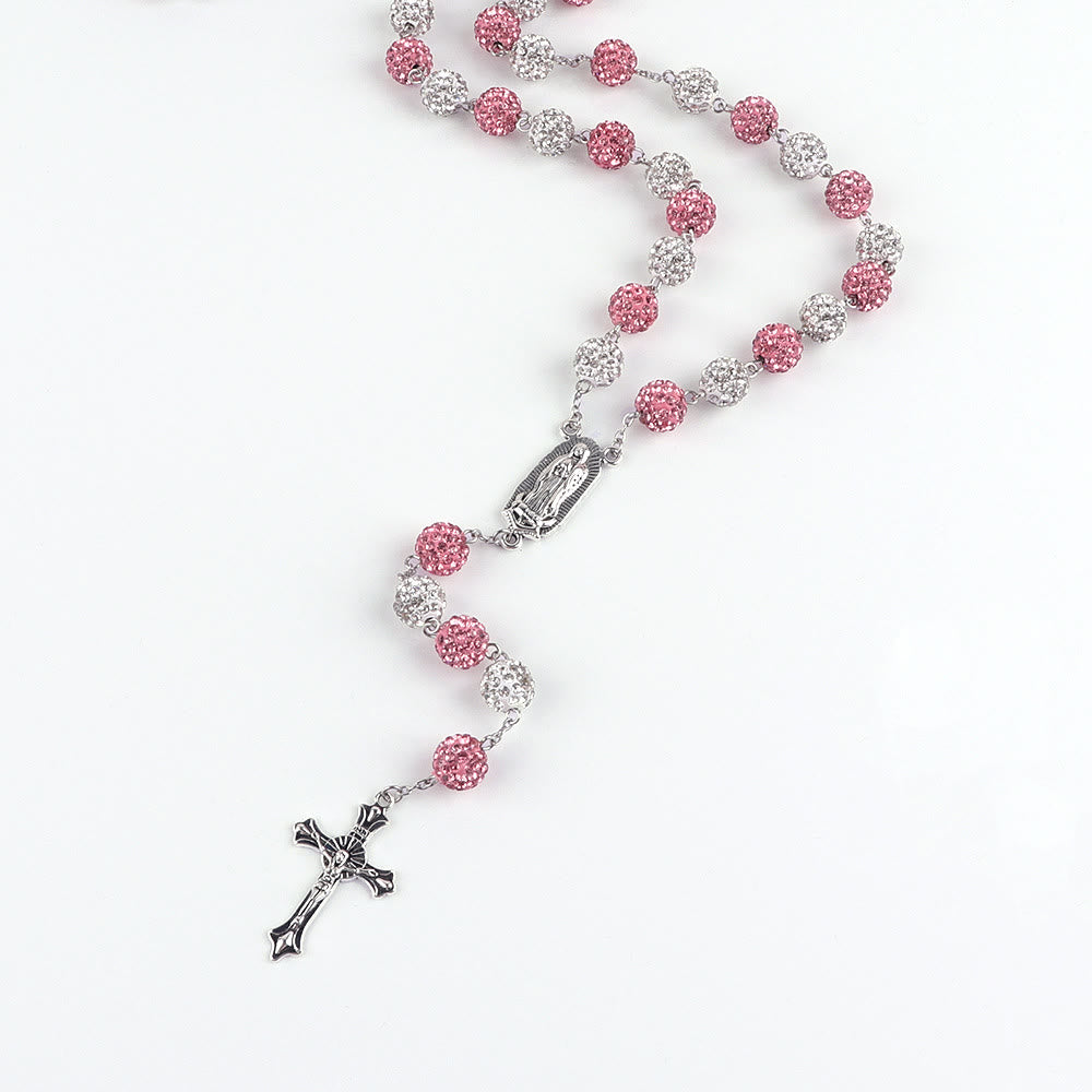 AMUSOUL Our Lady of Guadalupe & Crucifix of 10 mm Round Pink White Polymer Clay Alloy Chain Rosary