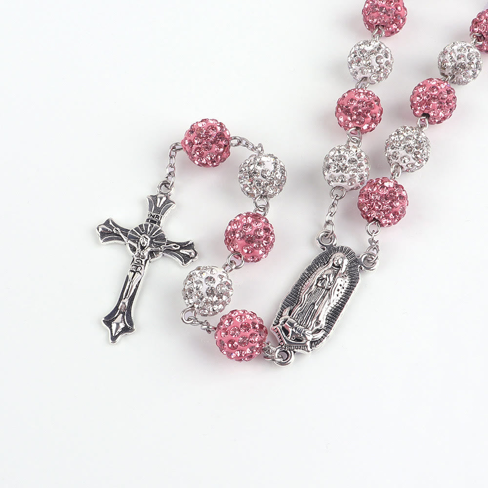 AMUSOUL Our Lady of Guadalupe & Crucifix of 10 mm Round Pink White Polymer Clay Alloy Chain Rosary