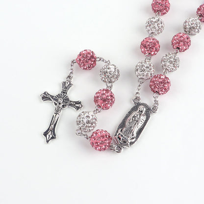 AMUSOUL Our Lady of Guadalupe & Crucifix of 10 mm Round Pink White Polymer Clay Alloy Chain Rosary
