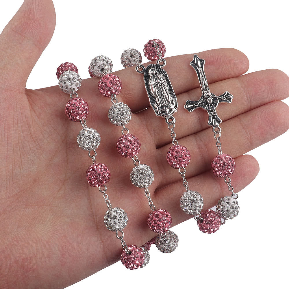 AMUSOUL Our Lady of Guadalupe & Crucifix of 10 mm Round Pink White Polymer Clay Alloy Chain Rosary