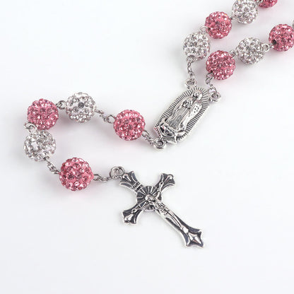 AMUSOUL Our Lady of Guadalupe & Crucifix of 10 mm Round Pink White Polymer Clay Alloy Chain Rosary