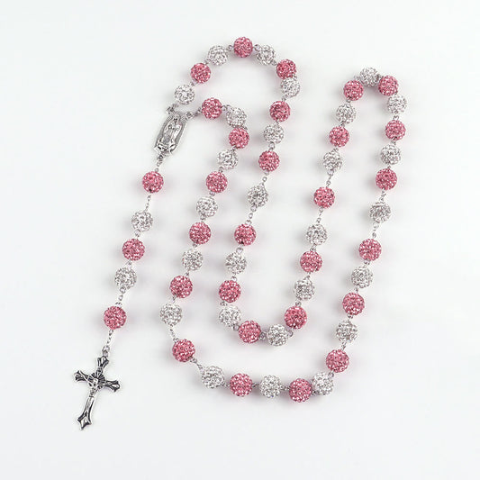 AMUSOUL Our Lady of Guadalupe & Crucifix of 10 mm Round Pink White Polymer Clay Alloy Chain Rosary