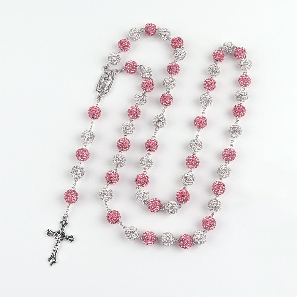 AMUSOUL Our Lady of Guadalupe & Crucifix of 10 mm Round Pink White Polymer Clay Alloy Chain Rosary