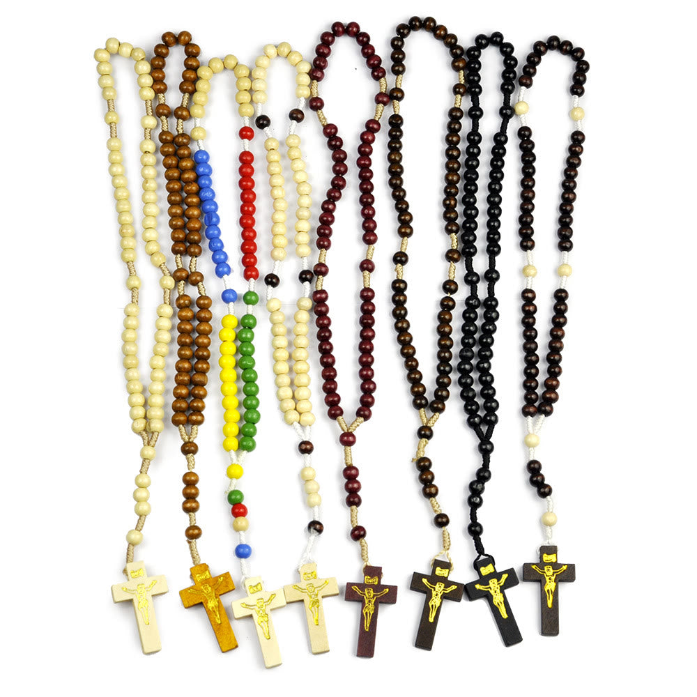 AMUSOUL Crucifix of 7*8 mm Round Multicolor Wood Nylon Cord Rosary