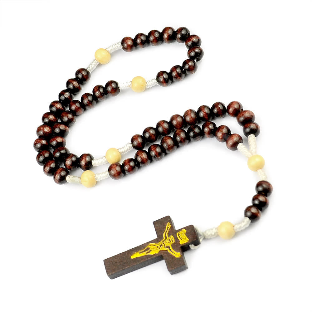 AMUSOUL Crucifix of 7*8 mm Round Multicolor Wood Nylon Cord Rosary