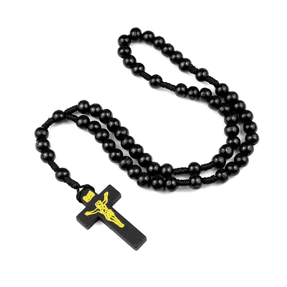 AMUSOUL Crucifix of 7*8 mm Round Multicolor Wood Nylon Cord Rosary