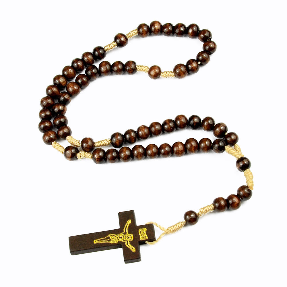 AMUSOUL Crucifix of 7*8 mm Round Multicolor Wood Nylon Cord Rosary