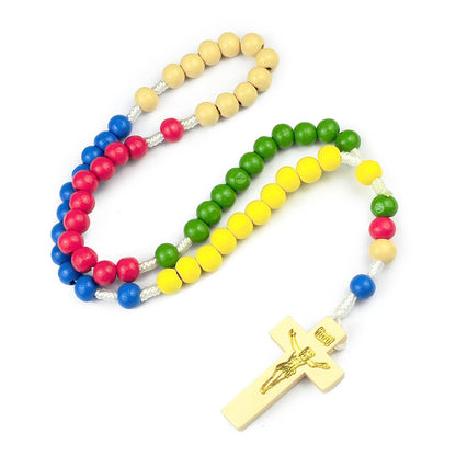 AMUSOUL Crucifix of 7*8 mm Round Multicolor Wood Nylon Cord Rosary