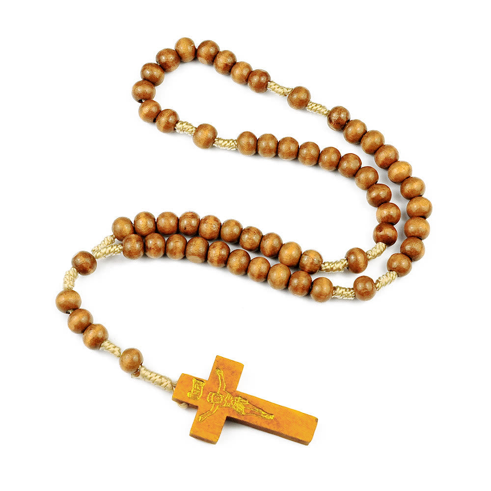 AMUSOUL Crucifix of 7*8 mm Round Multicolor Wood Nylon Cord Rosary