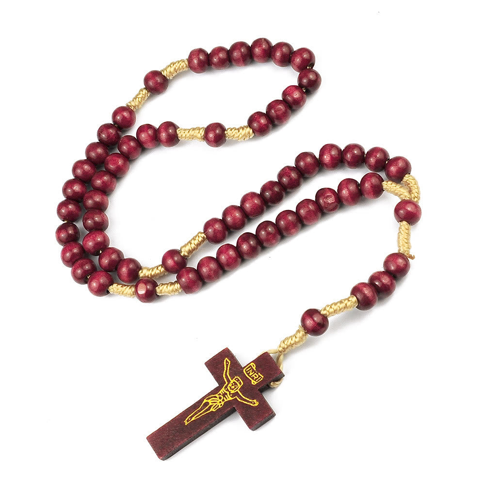 AMUSOUL Crucifix of 7*8 mm Round Multicolor Wood Nylon Cord Rosary