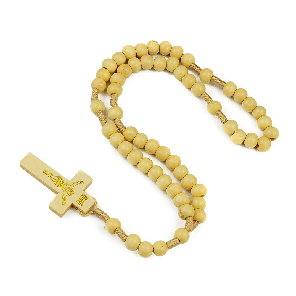AMUSOUL Crucifix of 7*8 mm Round Multicolor Wood Nylon Cord Rosary