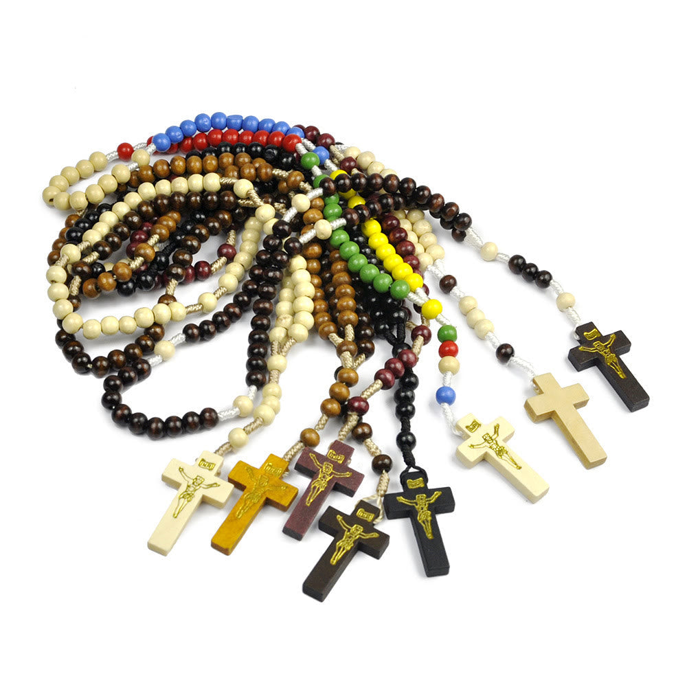 AMUSOUL Crucifix of 7*8 mm Round Multicolor Wood Nylon Cord Rosary