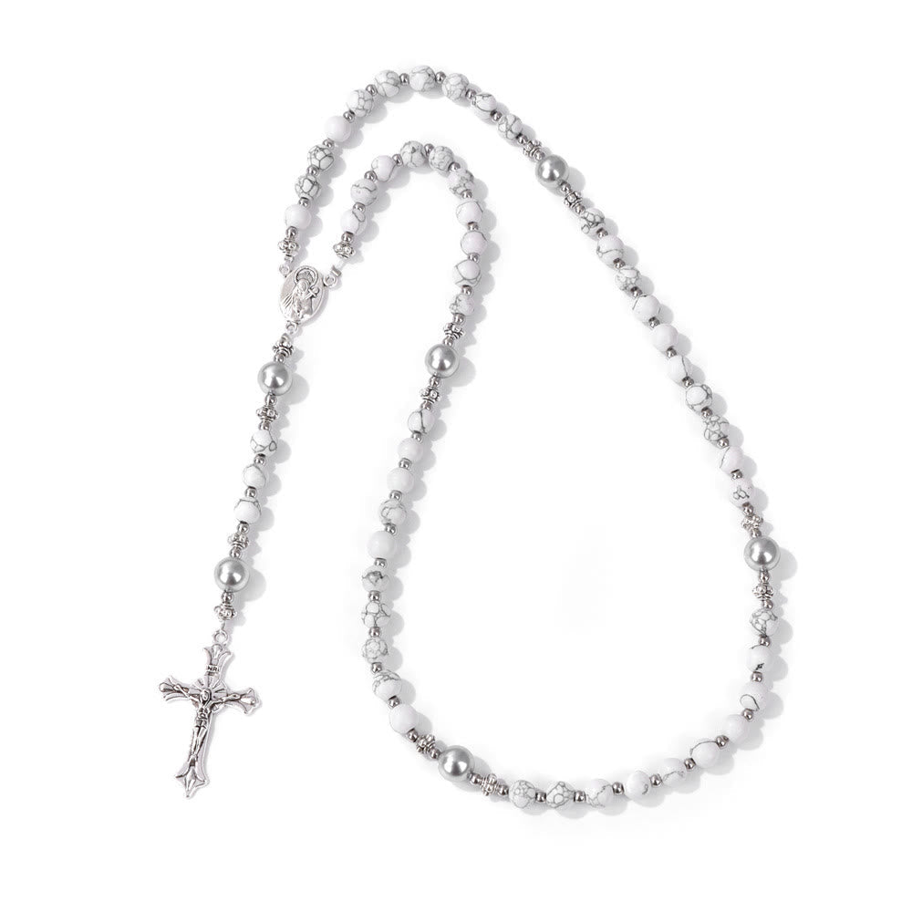 AMUSOUL Natural Stone & Pearl Miraculous Medal Prayer Rosary