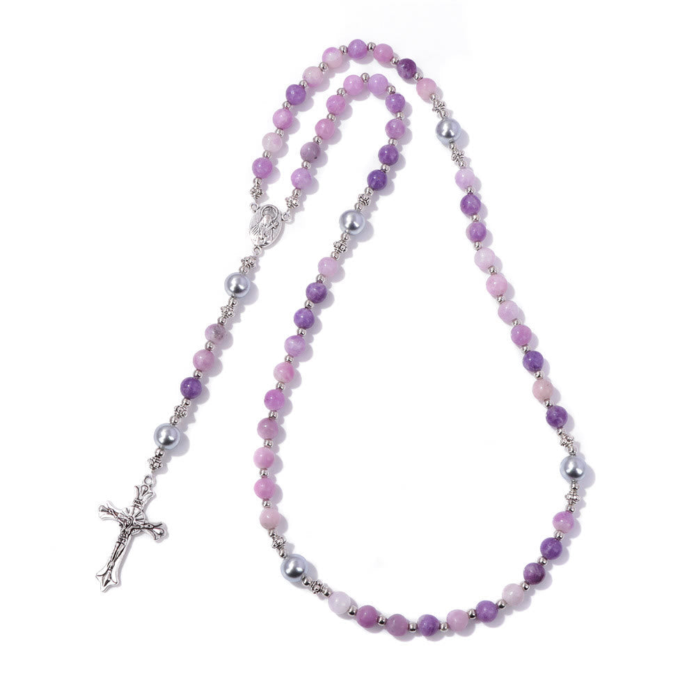 AMUSOUL Natural Stone & Pearl Miraculous Medal Prayer Rosary