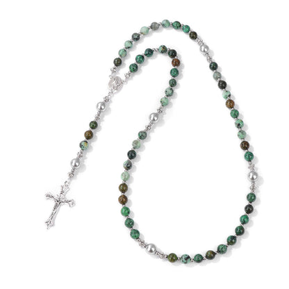 AMUSOUL Natural Stone & Pearl Miraculous Medal Prayer Rosary