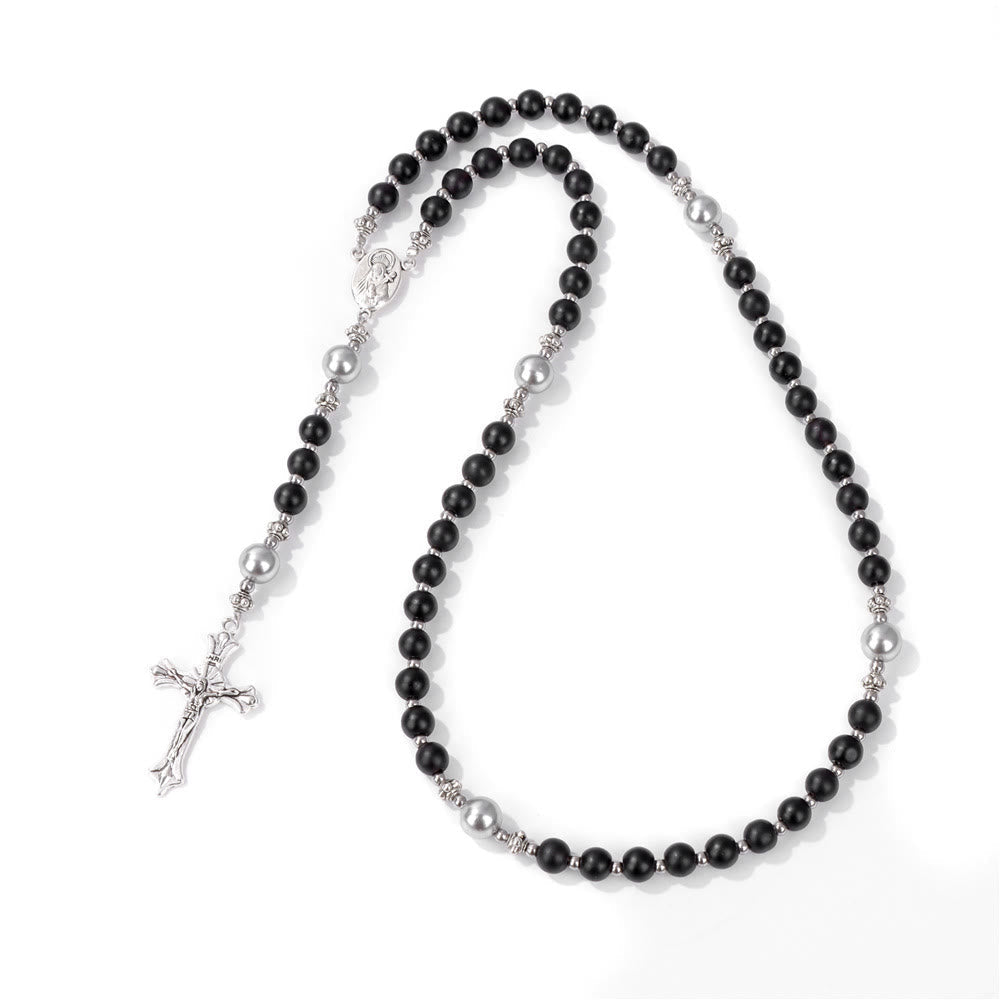 AMUSOUL Natural Stone & Pearl Miraculous Medal Prayer Rosary