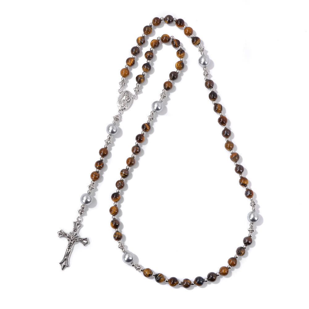 AMUSOUL Natural Stone & Pearl Miraculous Medal Prayer Rosary