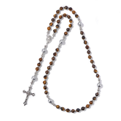 AMUSOUL Natural Stone & Pearl Miraculous Medal Prayer Rosary