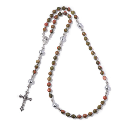 AMUSOUL Natural Stone & Pearl Miraculous Medal Prayer Rosary