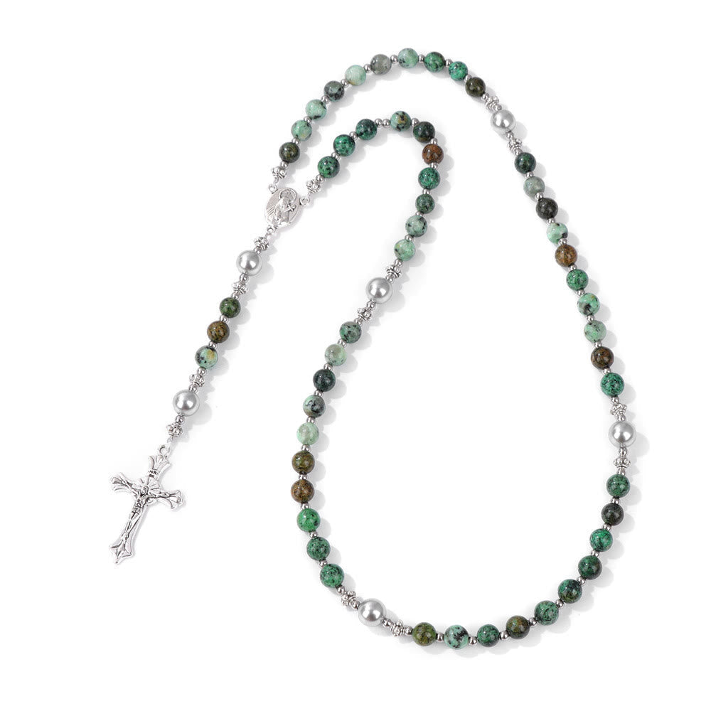 AMUSOUL Natural Stone & Pearl Miraculous Medal Prayer Rosary