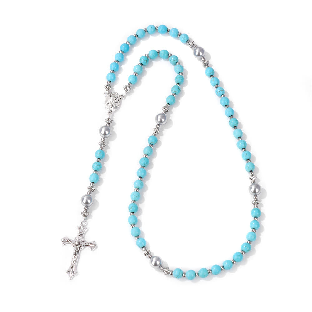 AMUSOUL Natural Stone & Pearl Miraculous Medal Prayer Rosary