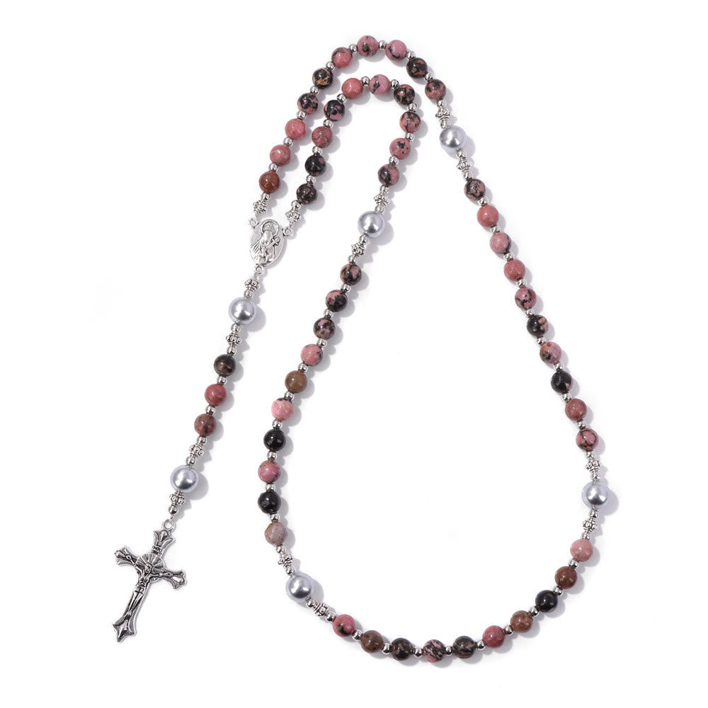 AMUSOUL Natural Stone & Pearl Miraculous Medal Prayer Rosary