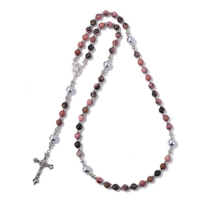 AMUSOUL Natural Stone & Pearl Miraculous Medal Prayer Rosary