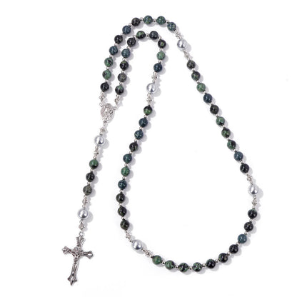 AMUSOUL Natural Stone & Pearl Miraculous Medal Prayer Rosary