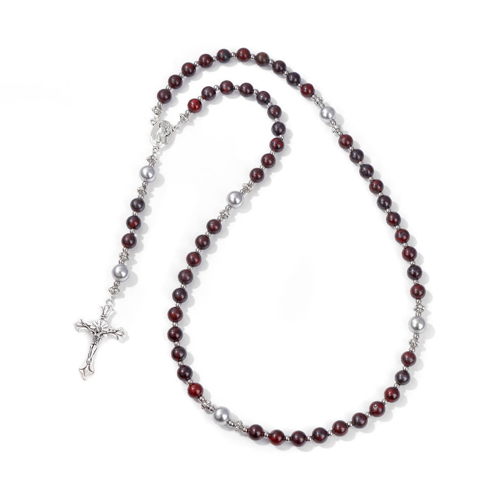 AMUSOUL Natural Stone & Pearl Miraculous Medal Prayer Rosary