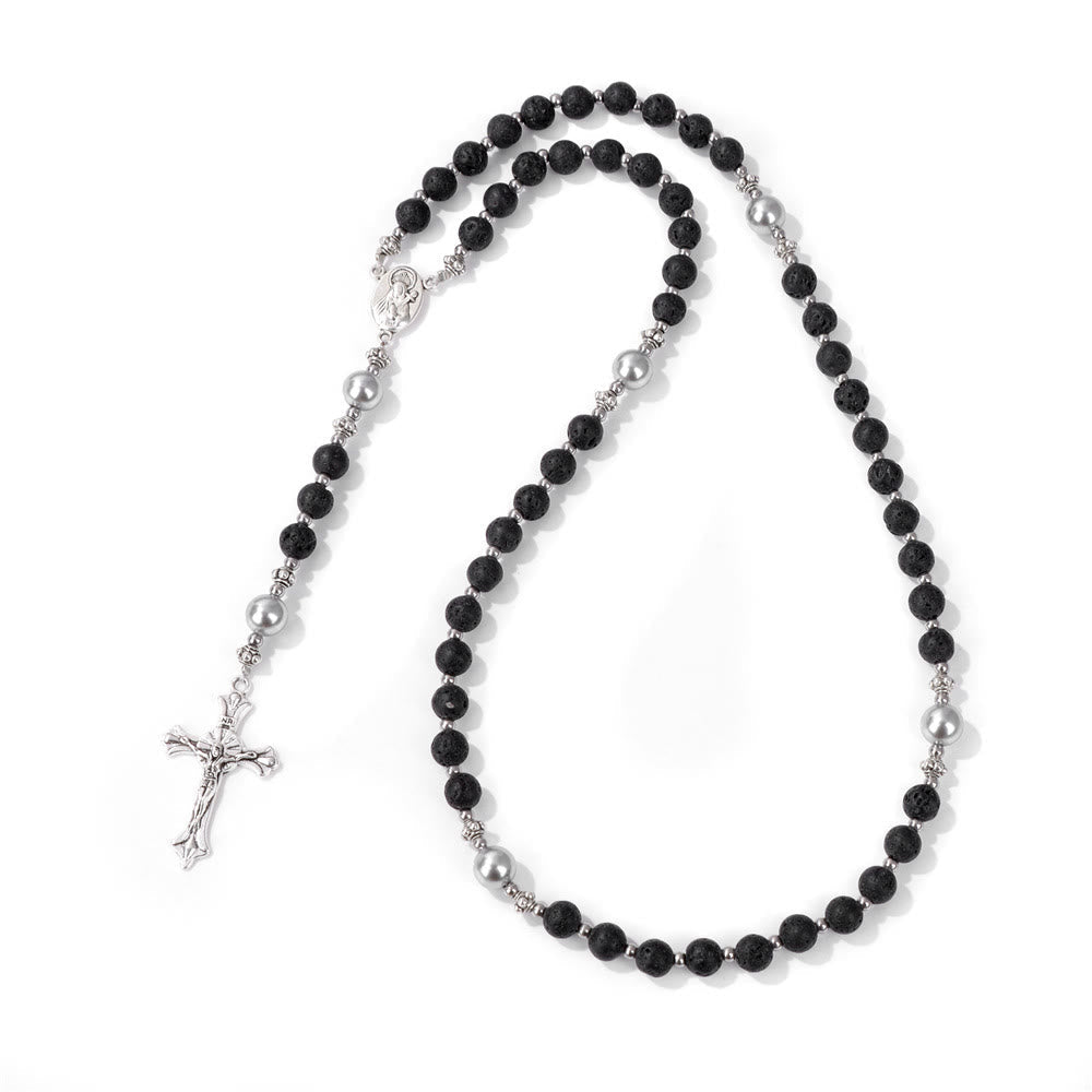 AMUSOUL Natural Stone & Pearl Miraculous Medal Prayer Rosary