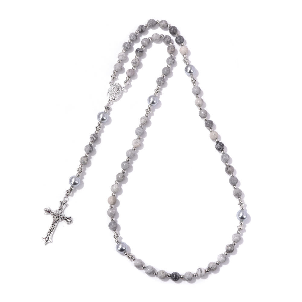 AMUSOUL Natural Stone & Pearl Miraculous Medal Prayer Rosary