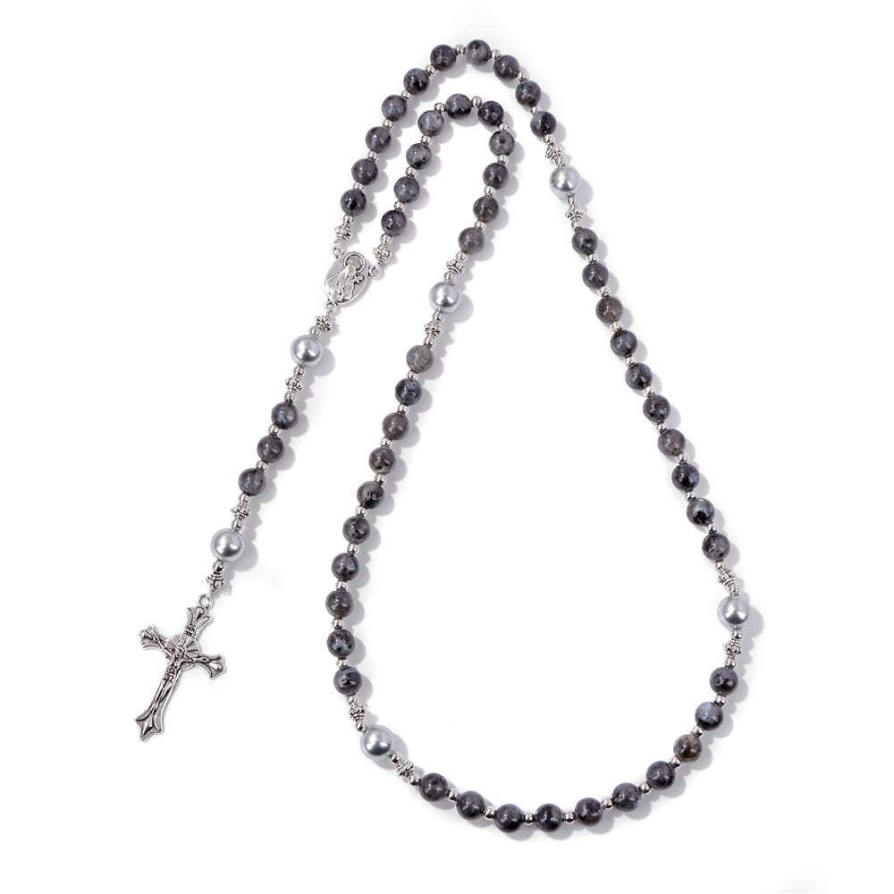 AMUSOUL Natural Stone & Pearl Miraculous Medal Prayer Rosary