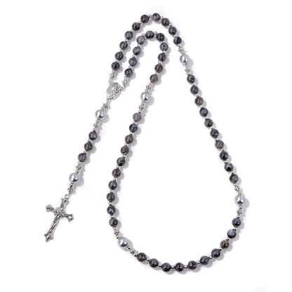 AMUSOUL Natural Stone & Pearl Miraculous Medal Prayer Rosary