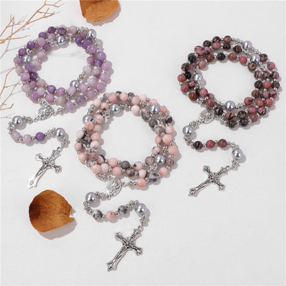 AMUSOUL Natural Stone & Pearl Miraculous Medal Prayer Rosary