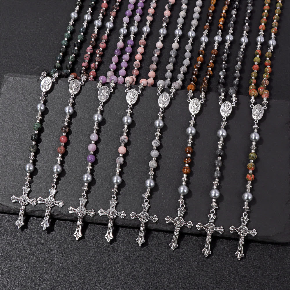 AMUSOUL Natural Stone & Pearl Miraculous Medal Prayer Rosary